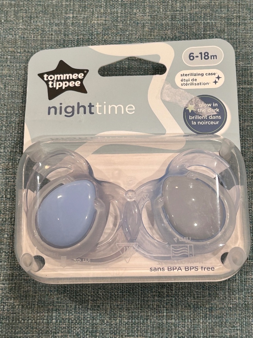 Tommee Tippee Nighttime Pacifier 6-18M Blue/Gray Silicone Glow w Sterilizing